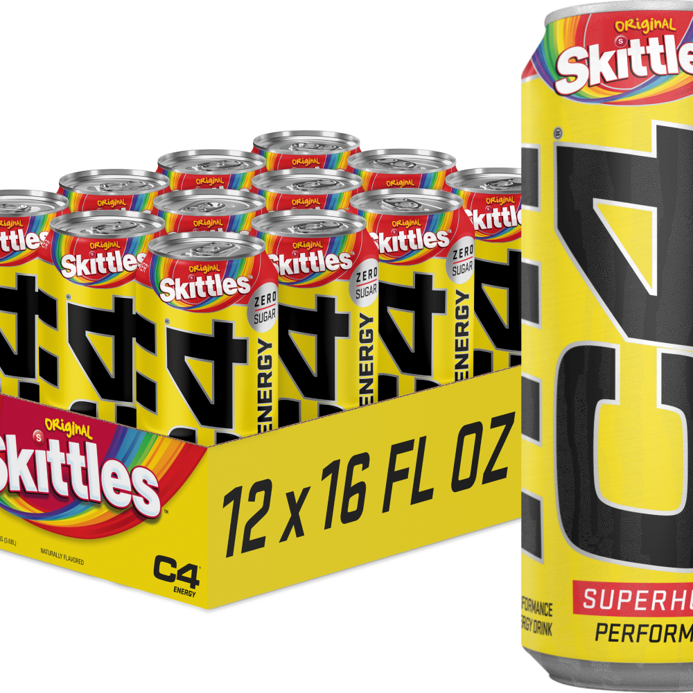 C4 Energy Drink, Skittles, Sugar Free, Carbonated Pre Workout Drink, 16 oz, 12 pack