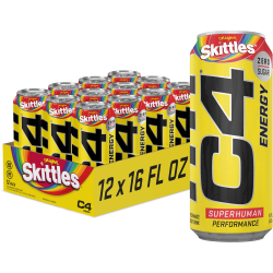 C4 Energy Drink, Skittles, Sugar Free, Carbonated Pre Workout Drink, 16 oz, 12 pack