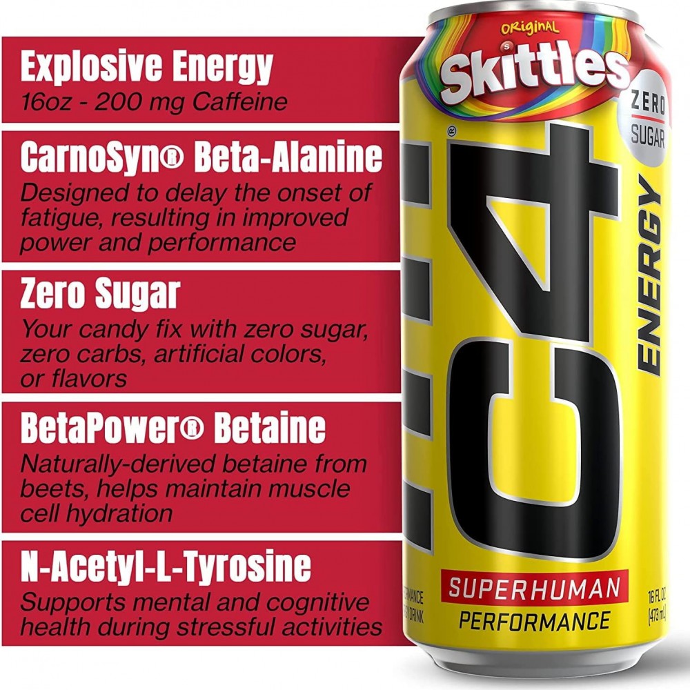 C4 Energy Drink, Skittles, Sugar Free, Carbonated Pre Workout Drink, 16 oz, 12 pack