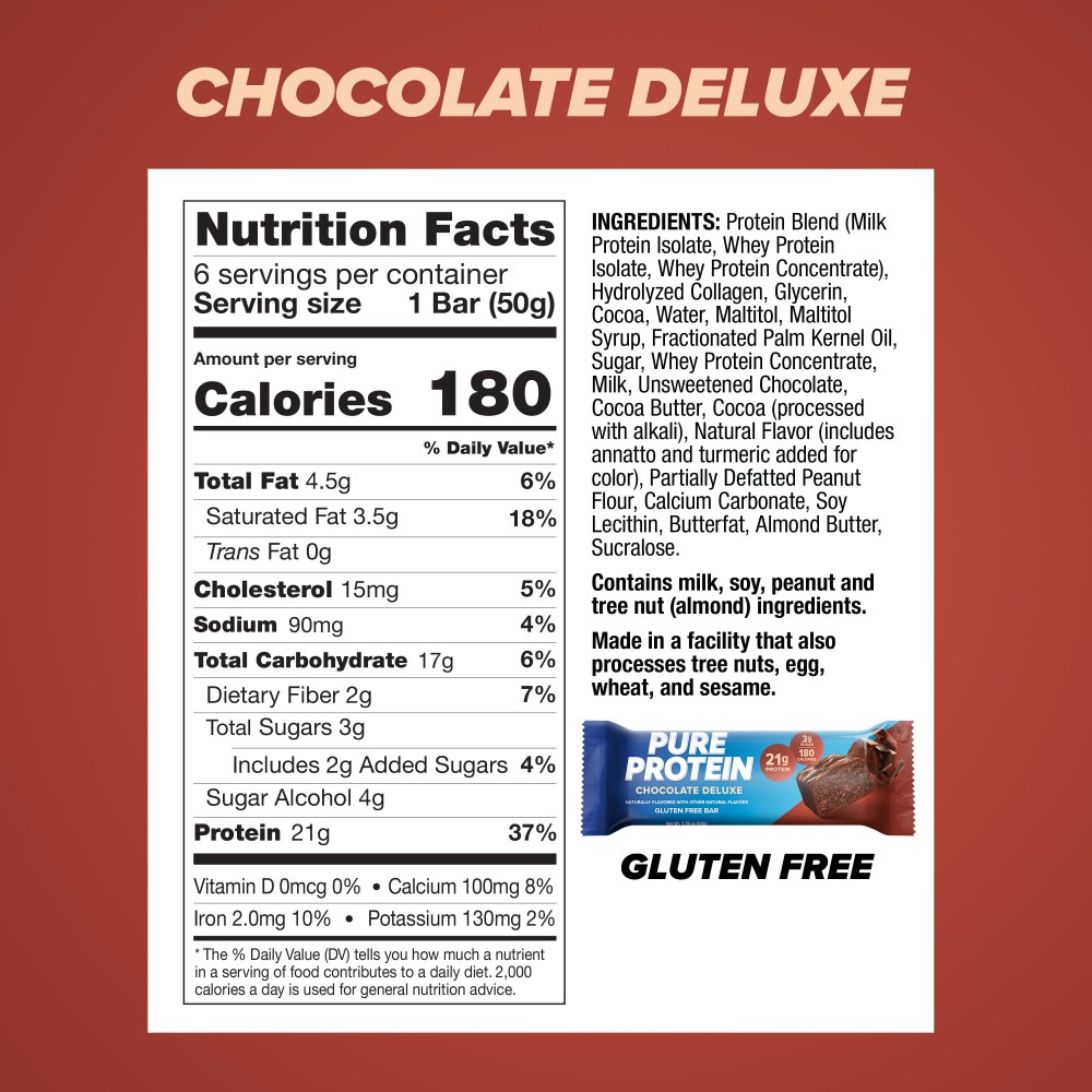 Pure Protein Bars, Chocolate Deluxe, 21g Protein, Gluten Free, 1.76 oz, 6 Ct